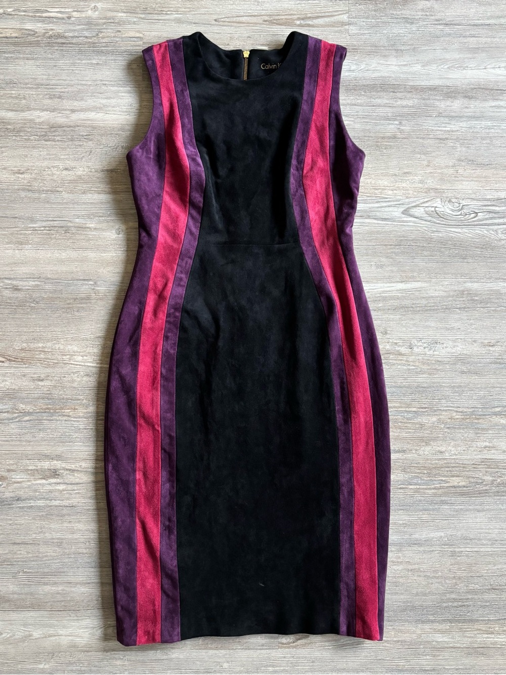 Calvin Klein Black Midi Faux Suede Dress with Pink and Purple Side Panels